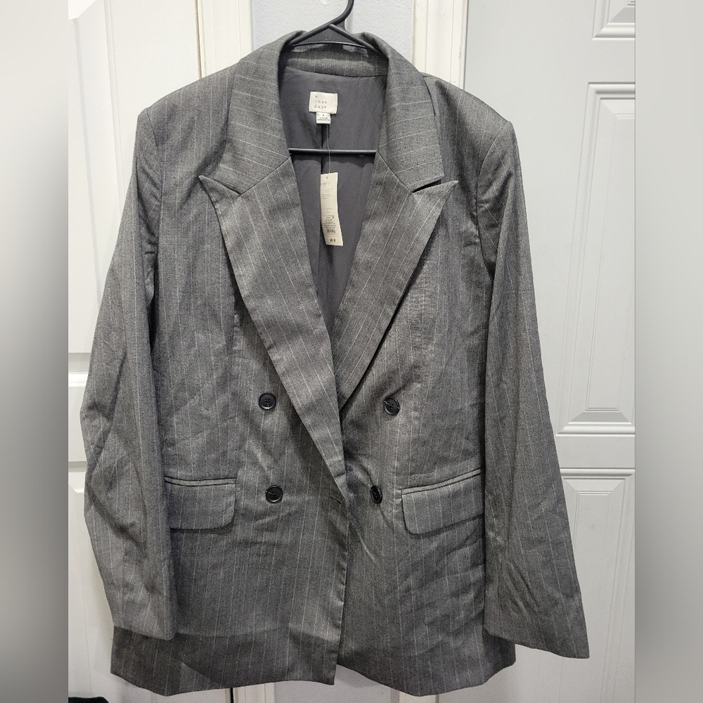 A New Day Womens Gray Double-Breasted Pinstripe Blazer Size Large NWT